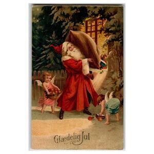 Vintage Christmas Santa Claus with Cherubs Danish Postcard Glædelig Jul